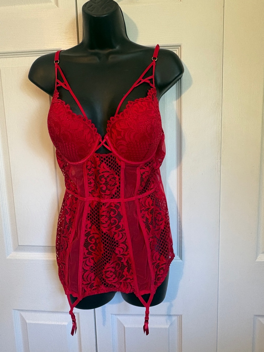 La SENZA Red Lace Strappy Chemise with Garter Details